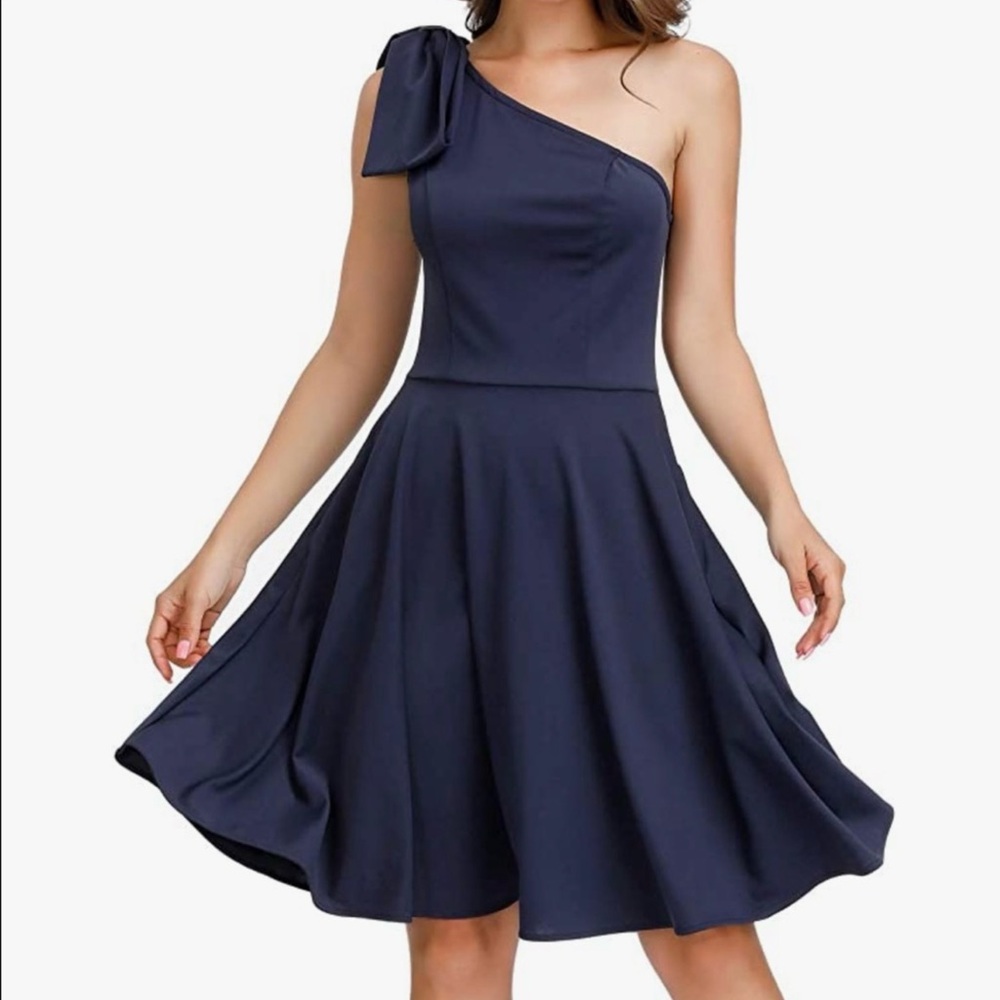 Jasambac One Shoulder Bow Blue Dress NWT